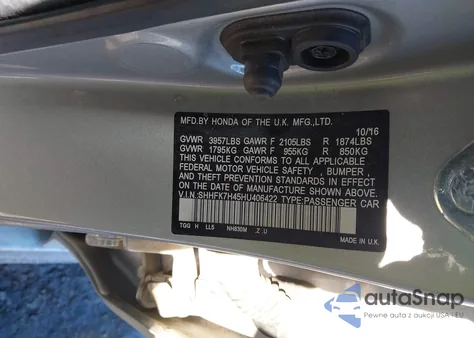 2017 Honda Civic Sport z USA, uszkodzony, nr VIN SHHFK7H45HU406422